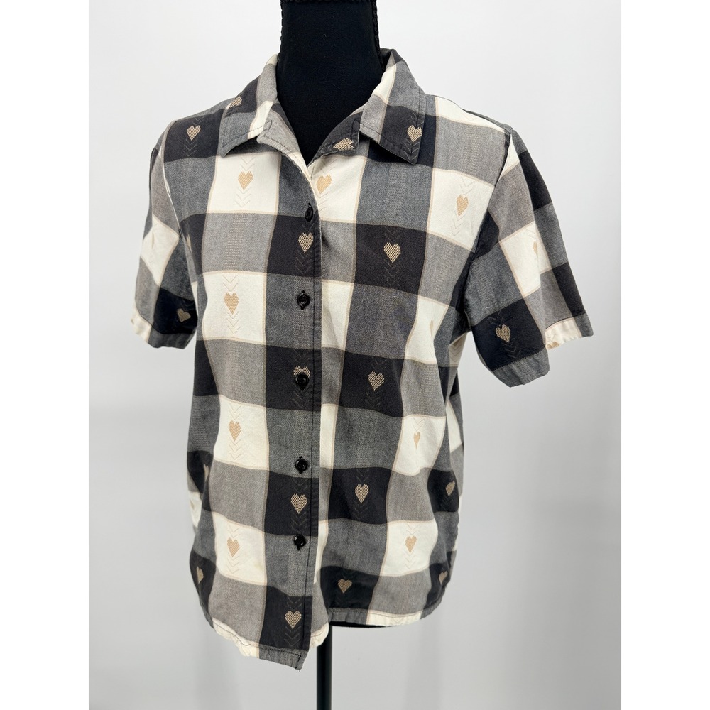 Blair Button Down Shirt Women Small Black White Good Vintage Plaid Hearts